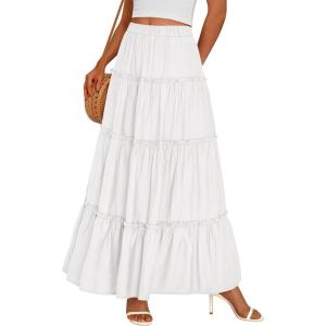 image:imagePRETTYGARDEN Boho Maxi Skirts for Women Trendy Summer 2026 Spring Long Flowy A Line Tiered Skirt Beach Vacation Clothes DressWhite