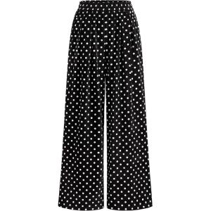 image:imagePRETTYGARDEN Casual Womens Pants 2026 Elastic Waist Palazzo Long Pajama Wide Leg Trousers Knit Fall Outfits with PocketsDot Black White