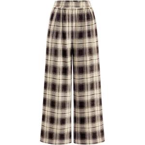 image:imagePRETTYGARDEN Casual Womens Pants 2026 Elastic Waist Palazzo Long Pajama Wide Leg Trousers Knit Fall Outfits with PocketsPlaid Brown Apricot