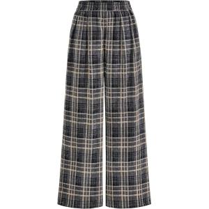 image:imagePRETTYGARDEN Casual Womens Pants 2026 Elastic Waist Palazzo Long Pajama Wide Leg Trousers Knit Fall Outfits with PocketsPlaid Navy