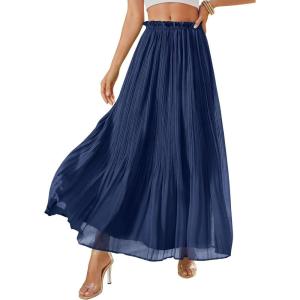 image:imagePRETTYGARDEN Long Skirts for Women Summer Vacation Outfits 2026 Spring Chiffon Elastic Waist Flowy ALine Pleated Midi SkirtDark Blue