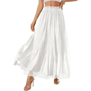 image:imagePRETTYGARDEN Long Skirts for Women Summer Vacation Outfits 2026 Spring Chiffon Elastic Waist Flowy ALine Pleated Midi SkirtWhite