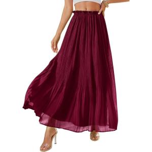 image:imagePRETTYGARDEN Long Skirts for Women Summer Vacation Outfits 2026 Spring Chiffon Elastic Waist Flowy ALine Pleated Midi SkirtWine Red