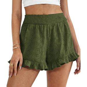 image:imagePRETTYGARDEN Shorts for Women Summer 2026 Beach Vacation Clothes Spring Elastic Waist Embroidered Ruffle Shorts with PocketsArmy Green