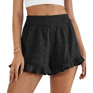 image:imagePRETTYGARDEN Shorts for Women Summer 2026 Beach Vacation Clothes Spring Elastic Waist Embroidered Ruffle Shorts with PocketsBlack