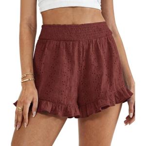 image:imagePRETTYGARDEN Shorts for Women Summer 2026 Beach Vacation Clothes Spring Elastic Waist Embroidered Ruffle Shorts with PocketsBrick Red