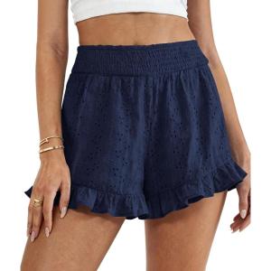 image:imagePRETTYGARDEN Shorts for Women Summer 2026 Beach Vacation Clothes Spring Elastic Waist Embroidered Ruffle Shorts with PocketsNavy