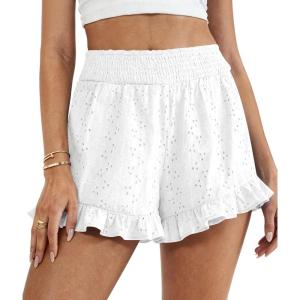image:imagePRETTYGARDEN Shorts for Women Summer 2026 Beach Vacation Clothes Spring Elastic Waist Embroidered Ruffle Shorts with PocketsWhite