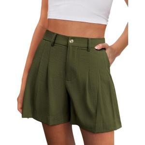 image:imagePRETTYGARDEN Womens Shorts Casual 2026 Summer Elastic High Waist Zipper Button Tailored Shorts Pleated Beach Vacation ClothesArmy Green