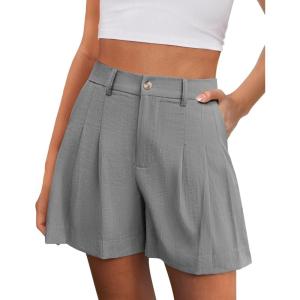 image:imagePRETTYGARDEN Womens Shorts Casual 2026 Summer Elastic High Waist Zipper Button Tailored Shorts Pleated Beach Vacation ClothesGrey