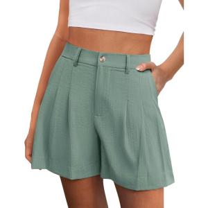 image:imagePRETTYGARDEN Womens Shorts Casual 2026 Summer Elastic High Waist Zipper Button Tailored Shorts Pleated Beach Vacation ClothesGrey Green