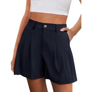 image:imagePRETTYGARDEN Womens Shorts Casual 2026 Summer Elastic High Waist Zipper Button Tailored Shorts Pleated Beach Vacation ClothesNavy