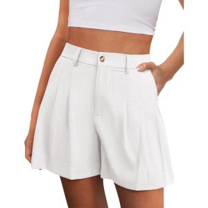 image:imagePRETTYGARDEN Womens Shorts Casual 2026 Summer Elastic High Waist Zipper Button Tailored Shorts Pleated Beach Vacation ClothesWhite