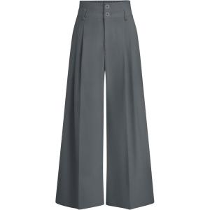 image:imagePRETTYGARDEN Womens Spring Wide Leg Palazzo Pants 2026 Trendy Loose Button High Waist Pleated Work Business Casual TrousersGrey
