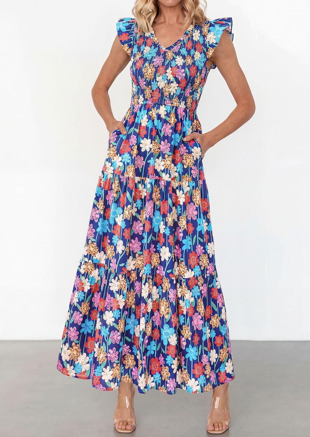 image:imagePRETTYGARDEN Womens Boho Floral Maxi Dress 2026 Summer Smocked V Neck Ruffle Sleeve Spring Flowy Beach Vacation SundressesBlue Multicolored Floral