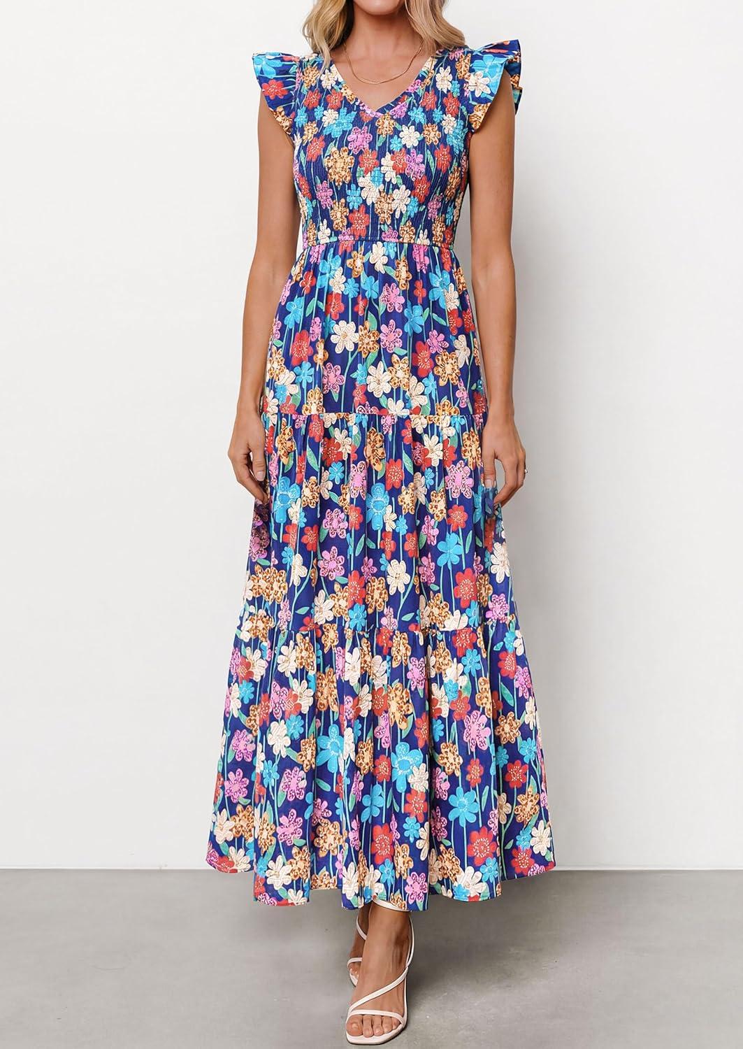 image:imagePRETTYGARDEN Womens Boho Floral Maxi Dress 2026 Summer Smocked V Neck Ruffle Sleeve Spring Flowy Beach Vacation SundressesBlue Multicolored Floral