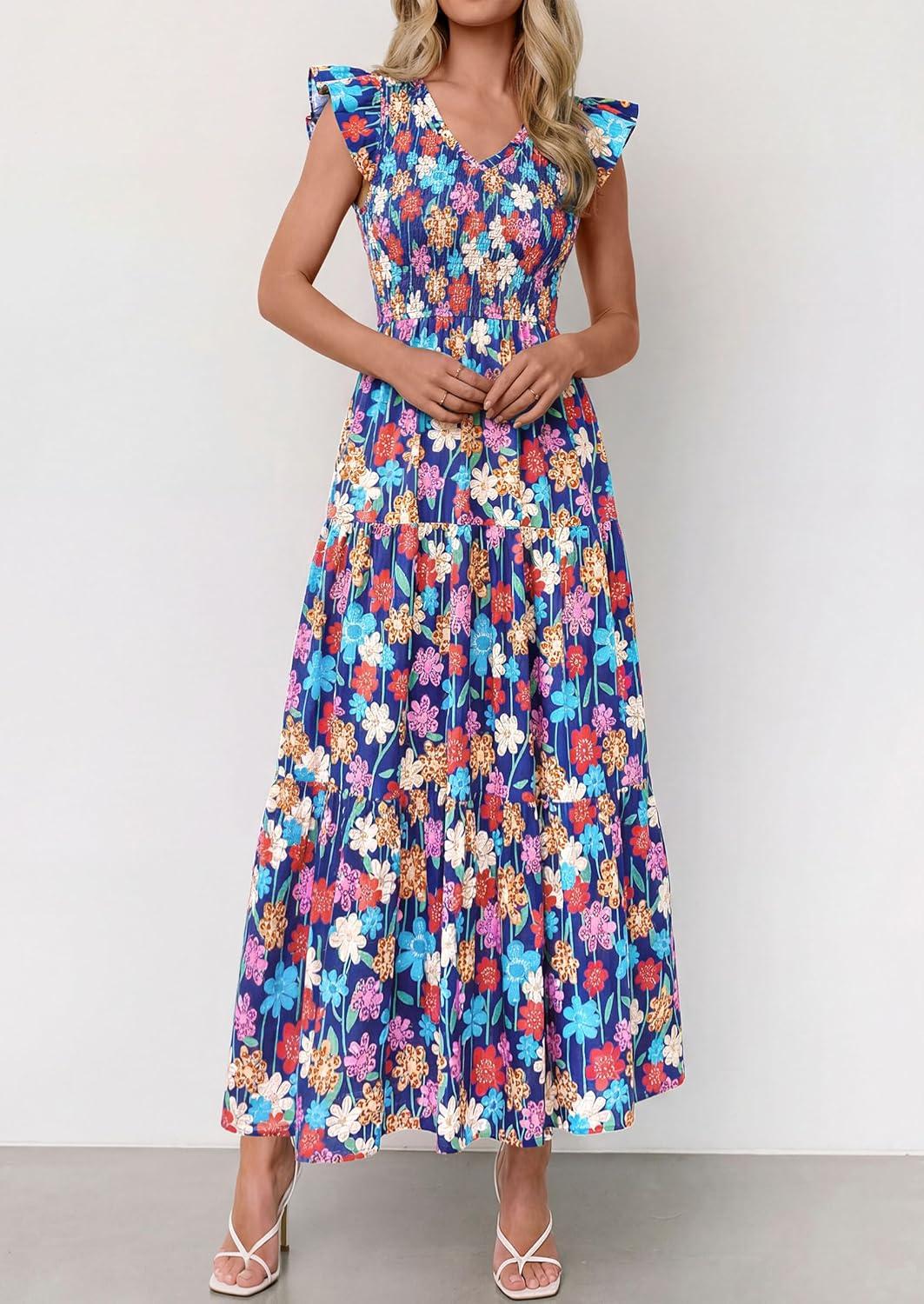 image:imagePRETTYGARDEN Womens Boho Floral Maxi Dress 2026 Summer Smocked V Neck Ruffle Sleeve Spring Flowy Beach Vacation SundressesBlue Multicolored Floral