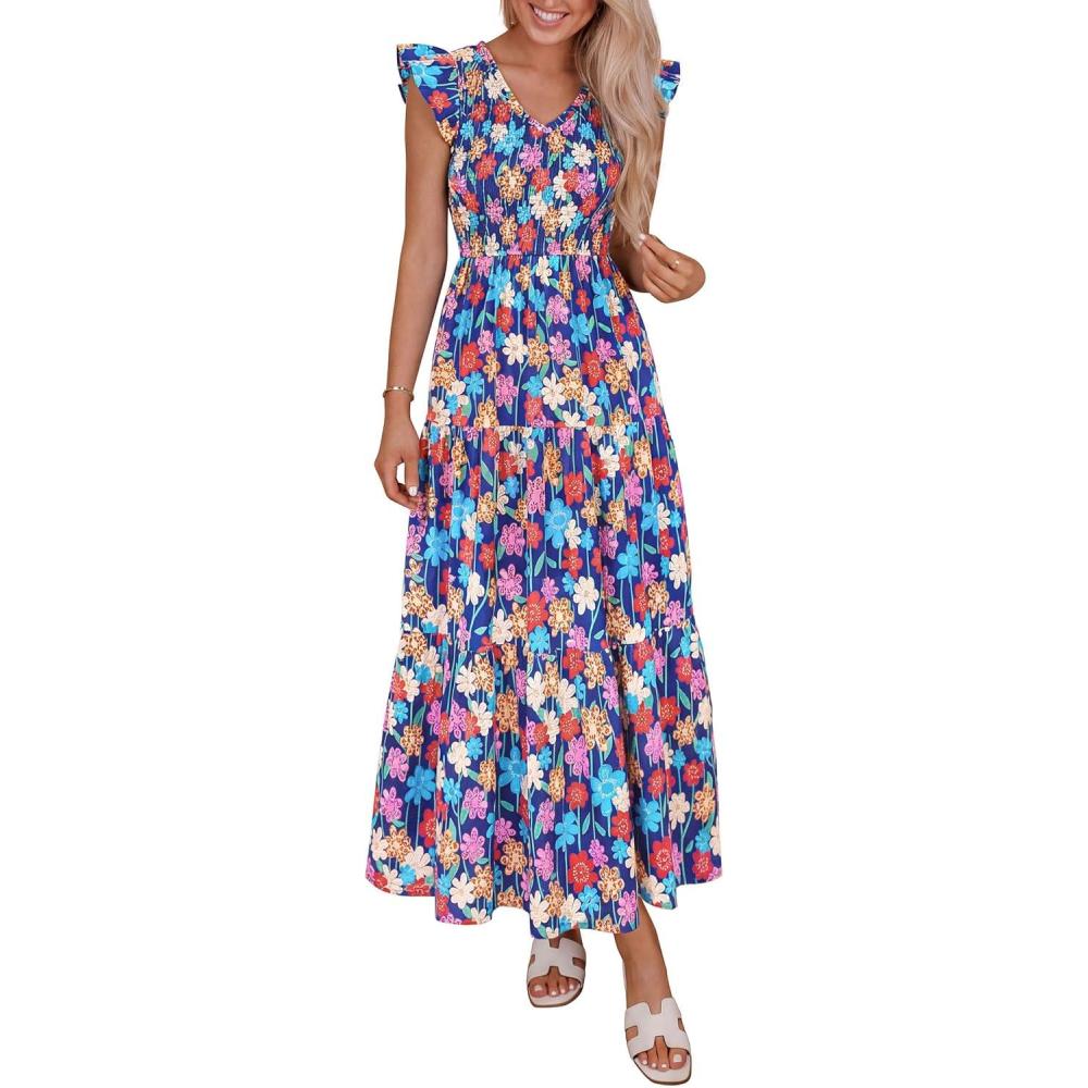 image:imagePRETTYGARDEN Womens Boho Floral Maxi Dress 2026 Summer Smocked V Neck Ruffle Sleeve Spring Flowy Beach Vacation SundressesBlue Multicolored Floral