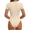 image:imagePRETTYGARDEN Body Suits for Womens Summer Tops 2026 Casual Short Sleeve Ribbed Fitted Basic Tee Shirts Spring Fashion ClothesBeige