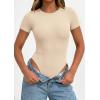 image:imagePRETTYGARDEN Body Suits for Womens Summer Tops 2026 Casual Short Sleeve Ribbed Fitted Basic Tee Shirts Spring Fashion ClothesBeige