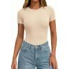 image:imagePRETTYGARDEN Body Suits for Womens Summer Tops 2026 Casual Short Sleeve Ribbed Fitted Basic Tee Shirts Spring Fashion ClothesBeige