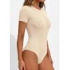 image:imagePRETTYGARDEN Body Suits for Womens Summer Tops 2026 Casual Short Sleeve Ribbed Fitted Basic Tee Shirts Spring Fashion ClothesBeige