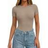 image:imagePRETTYGARDEN Body Suits for Womens Summer Tops 2026 Casual Short Sleeve Ribbed Fitted Basic Tee Shirts Spring Fashion ClothesLight Khaki