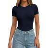 image:imagePRETTYGARDEN Body Suits for Womens Summer Tops 2026 Casual Short Sleeve Ribbed Fitted Basic Tee Shirts Spring Fashion ClothesNavy Blue