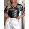 image:imagePRETTYGARDEN Short Sleeve Shirts for Women 2026 Spring V Neck Cute Tops Casual Striped Shirt Knitted Tees Summer OutfitsStriped Black White