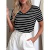image:imagePRETTYGARDEN Short Sleeve Shirts for Women 2026 Spring V Neck Cute Tops Casual Striped Shirt Knitted Tees Summer OutfitsStriped Black White