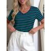 image:imagePRETTYGARDEN Short Sleeve Shirts for Women 2026 Spring V Neck Cute Tops Casual Striped Shirt Knitted Tees Summer OutfitsStriped Blue Green