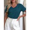 image:imagePRETTYGARDEN Short Sleeve Shirts for Women 2026 Spring V Neck Cute Tops Casual Striped Shirt Knitted Tees Summer OutfitsStriped Blue Green