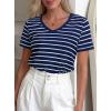 image:imagePRETTYGARDEN Short Sleeve Shirts for Women 2026 Spring V Neck Cute Tops Casual Striped Shirt Knitted Tees Summer OutfitsStriped Grey Blue White