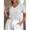 image:imagePRETTYGARDEN Short Sleeve Shirts for Women 2026 Spring V Neck Cute Tops Casual Striped Shirt Knitted Tees Summer OutfitsStriped White Grey