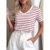 image:imagePRETTYGARDEN Short Sleeve Shirts for Women 2026 Spring V Neck Cute Tops Casual Striped Shirt Knitted Tees Summer OutfitsStriped White Red