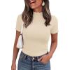 image:imagePRETTYGARDEN Short Sleeve T Shirts for Women Summer Clothes 2026 Casual Spring Tops Ruffle Mock Neck Ribbed Fitted Basic TeesBeige