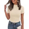 image:imagePRETTYGARDEN Short Sleeve T Shirts for Women Summer Clothes 2026 Casual Spring Tops Ruffle Mock Neck Ribbed Fitted Basic TeesBeige