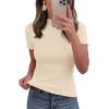 image:imagePRETTYGARDEN Short Sleeve T Shirts for Women Summer Clothes 2026 Casual Spring Tops Ruffle Mock Neck Ribbed Fitted Basic TeesBeige