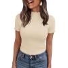 image:imagePRETTYGARDEN Short Sleeve T Shirts for Women Summer Clothes 2026 Casual Spring Tops Ruffle Mock Neck Ribbed Fitted Basic TeesBeige