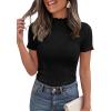 image:imagePRETTYGARDEN Short Sleeve T Shirts for Women Summer Clothes 2026 Casual Spring Tops Ruffle Mock Neck Ribbed Fitted Basic TeesBlack