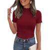 image:imagePRETTYGARDEN Short Sleeve T Shirts for Women Summer Clothes 2026 Casual Spring Tops Ruffle Mock Neck Ribbed Fitted Basic TeesBurgundy