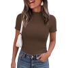 image:imagePRETTYGARDEN Short Sleeve T Shirts for Women Summer Clothes 2026 Casual Spring Tops Ruffle Mock Neck Ribbed Fitted Basic TeesCoffee