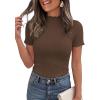image:imagePRETTYGARDEN Short Sleeve T Shirts for Women Summer Clothes 2026 Casual Spring Tops Ruffle Mock Neck Ribbed Fitted Basic TeesCoffee