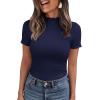 image:imagePRETTYGARDEN Short Sleeve T Shirts for Women Summer Clothes 2026 Casual Spring Tops Ruffle Mock Neck Ribbed Fitted Basic TeesNavy Blue