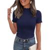 image:imagePRETTYGARDEN Short Sleeve T Shirts for Women Summer Clothes 2026 Casual Spring Tops Ruffle Mock Neck Ribbed Fitted Basic TeesNavy Blue