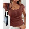 image:imagePRETTYGARDEN Summer Tops for Women 2026 Short Sleeve Lace Trim Slim Fitted Henley Tee Shirts Y2K Fashion ClothingBrick Red