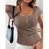 image:imagePRETTYGARDEN Summer Tops for Women 2026 Short Sleeve Lace Trim Slim Fitted Henley Tee Shirts Y2K Fashion ClothingKhaki