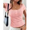 image:imagePRETTYGARDEN Summer Tops for Women 2026 Short Sleeve Lace Trim Slim Fitted Henley Tee Shirts Y2K Fashion ClothingPink