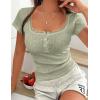 image:imagePRETTYGARDEN Summer Tops for Women 2026 Short Sleeve Lace Trim Slim Fitted Henley Tee Shirts Y2K Fashion ClothingSage Green