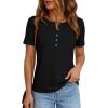 image:imagePRETTYGARDEN Waffle Knit Tops for Women Short Sleeve Henley Shirts 2026 Summer Blouses Dressy Casual Spring Fashion ClothesBlack